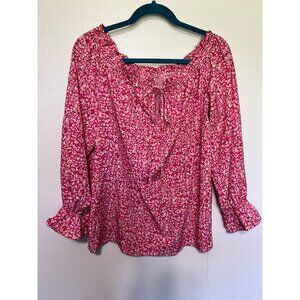 Unbranded Peasant Blouse Pink Floral with Elastic Wrist and Tie Neck Womans XL
